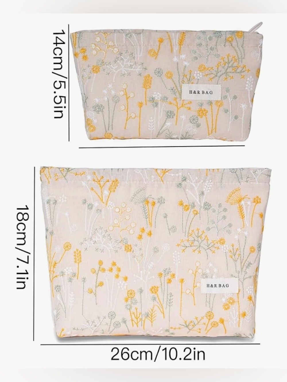 Floral Embroidered Cosmetic Pouch Set — Yellow & Cream